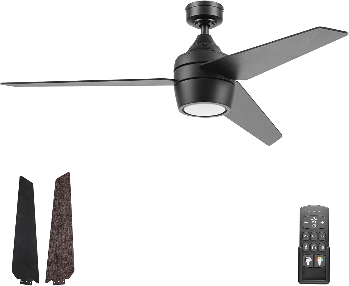 Honeywell Ceiling Fans Eamon, 52 Inch Modern Indoor Ceiling Fan with Lights and Remote Control, Color Changing LED, Dual Mounting Options, 3 Dual Finish Blades, Reversible Motor - 51906-01 (Black)