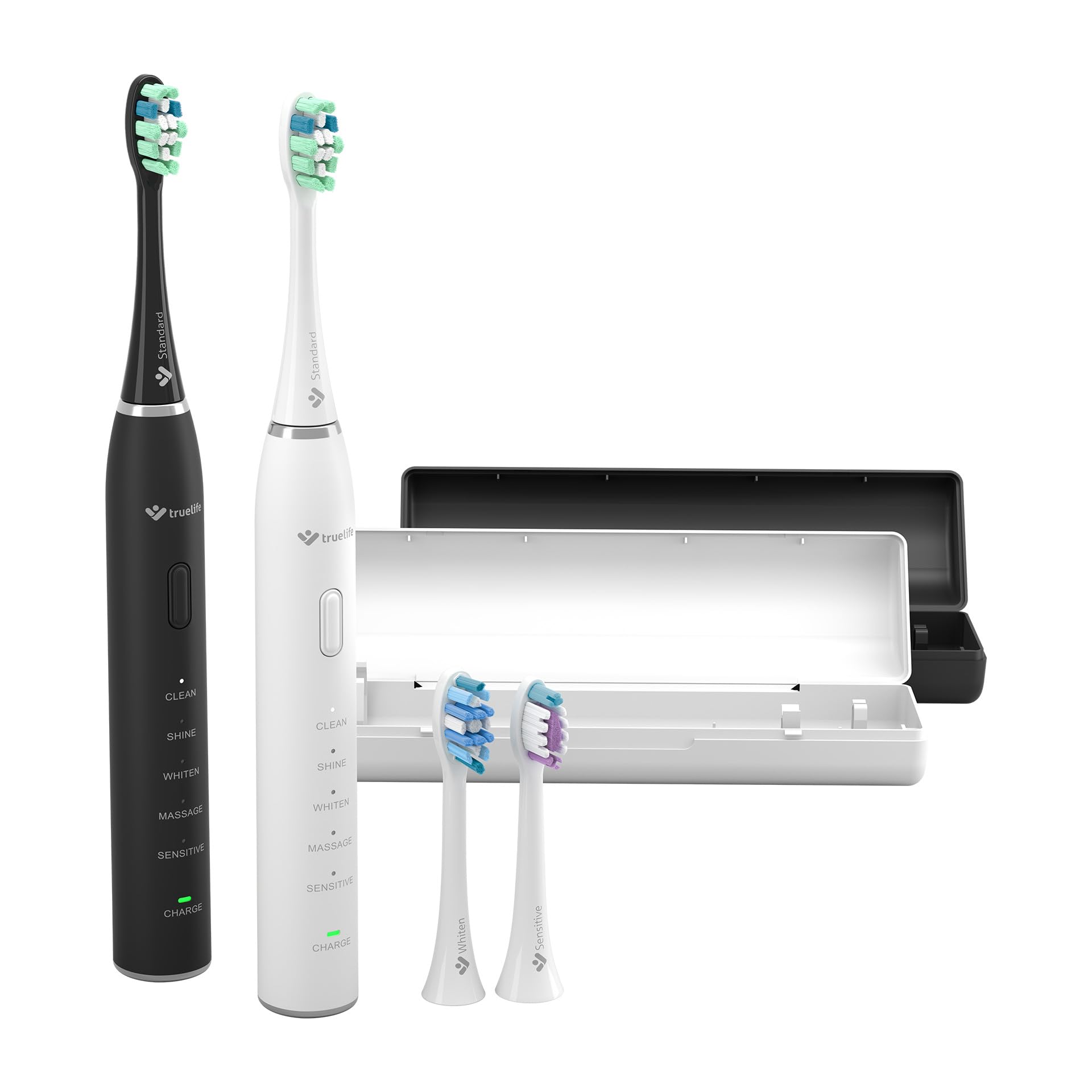 TrueLife Schallzahnbürste SonicBrush Clean30 Duo – Schallzahnbürste Set mit 5 Modi, 30 Tage Akku, USB-C, Timer, IPX7 wasserdicht, 2 Zahnbürsten inkl. Aufsteckbürsten & Reiseetui (Schwarz und Weiß)