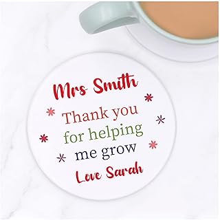 Thank You For Helping Me Grow Teacher Coaster Gift, Personalised Female Teacher Drinks Coaster, Teaching Assistant TA Head Teacher Ceramic Coaster