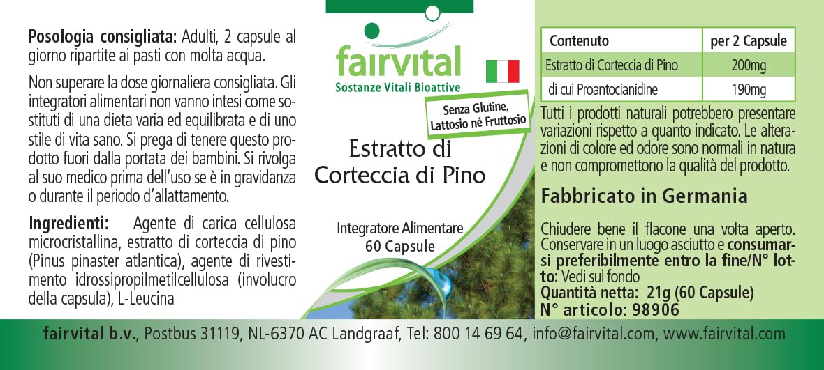Fairvital | Estratto di corteccia di pino 100 mg - 180 capsule (60 x 3) - ad alto dosaggio - Pinus pinaster atlantica - 95% proantocianidine - VEGAN