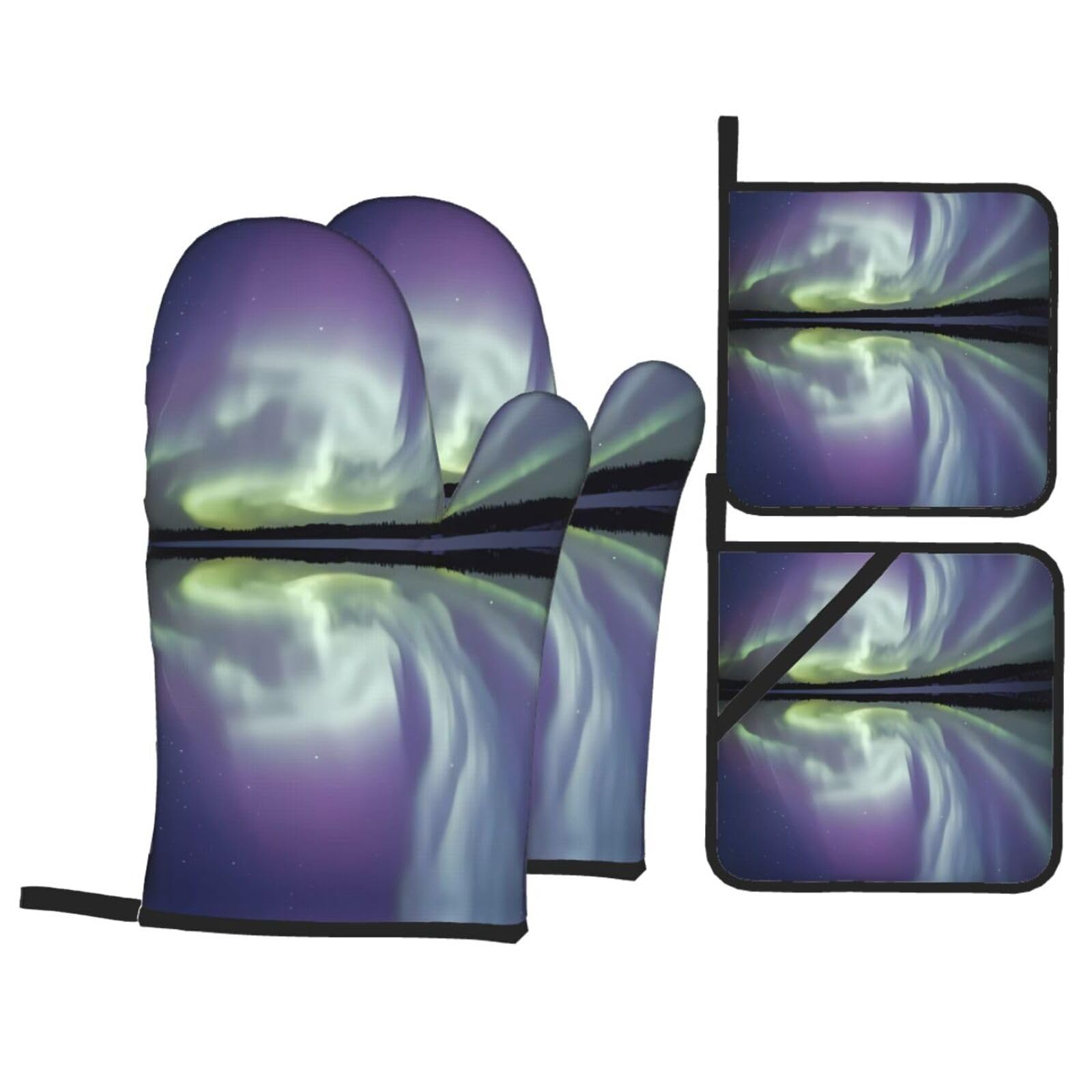 HJFCZH aurora Prints Kitchen Covers: Waterproof Oven Layers for Safe Cooking & Easy Cleanup - 4 Piece Heat Protection Set