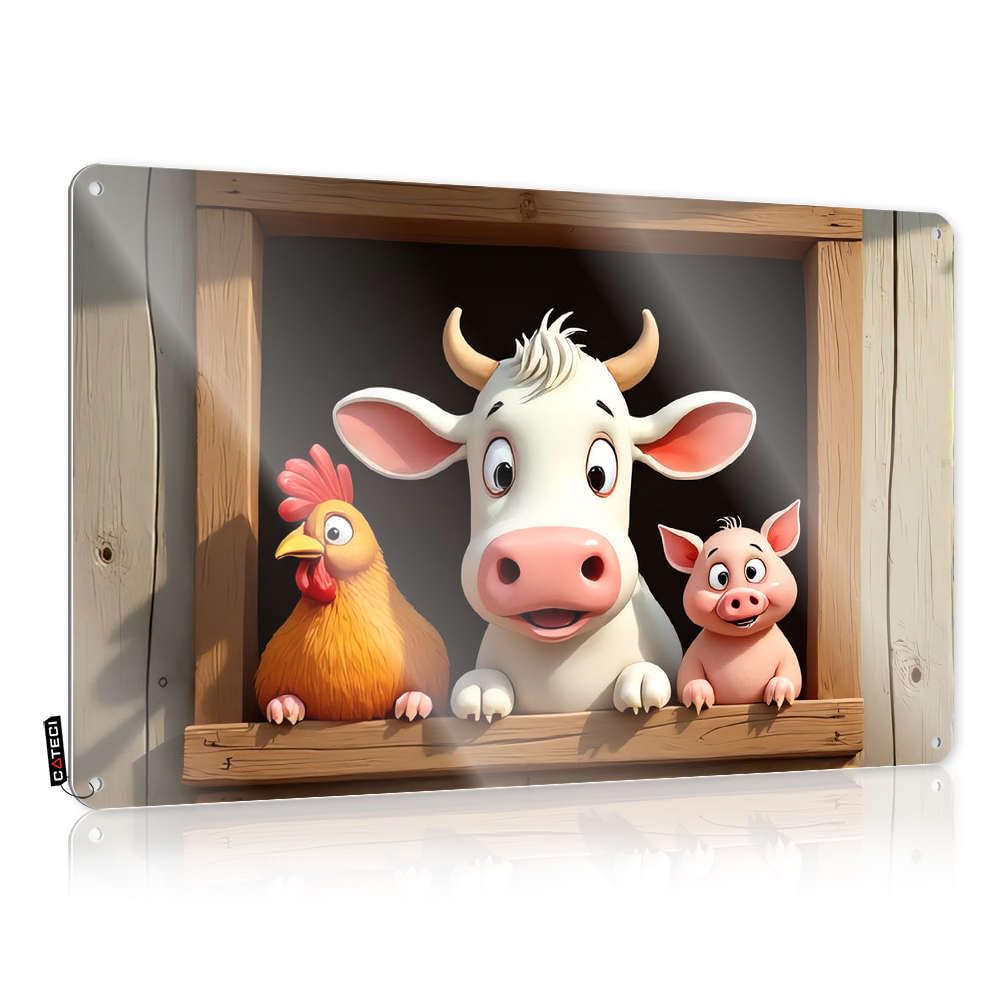 Fzfn Colour Cool Wall Decor Sweet Old-Fashioned A Cow Chicken And Pig Look Out From A Barn Window For Terrace - Western Customizable(30X40cm)