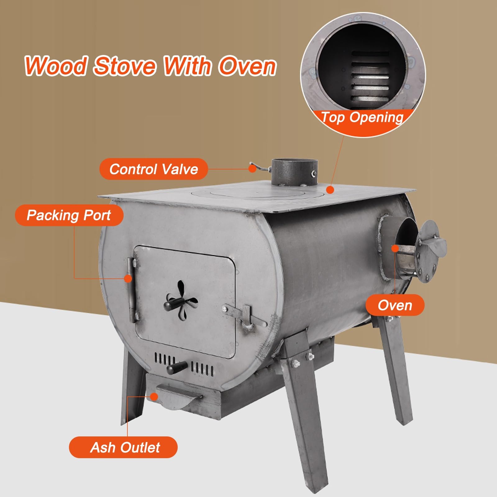 Stufa a Legna con Forno, Stufa a Legna con Gancio Riscaldante, Camino e Griglie in Acciaio Fuso, per Riscaldamento, Cottura, Bollitura Dell'acqua, Barbecue