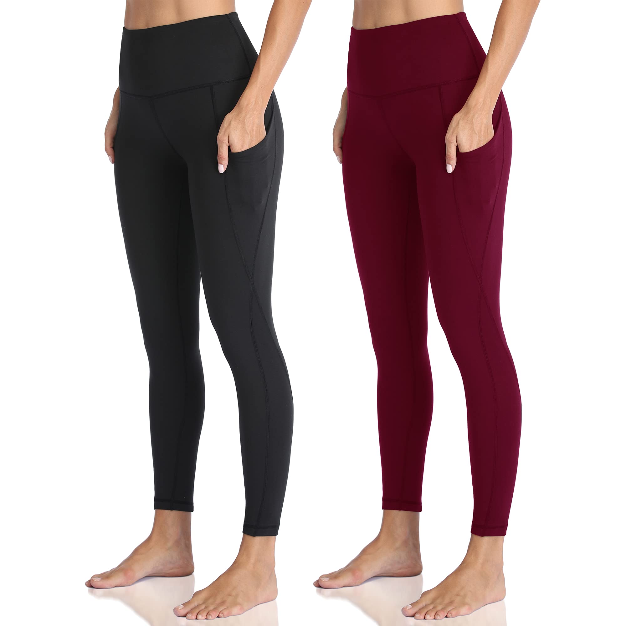 HIGHDAYS Legginsy dla kobiet – legginsy treningowe z wysokim stanem, kontrola brzucha, nieprzejrzyste, wąskie, miękkie spodnie do jazdy na rowerze, jogi, biegania, Czarny/bordowy, XXL