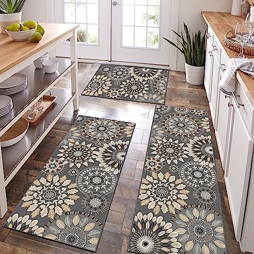 Bsmathom Boho Kitchen Rug Mat Sets 3 Piece, Farmhouse Non Slip Kitchen Rug Runner, Washable Non Skid Kitchen Rugs, Bohemian Kitchen Floor Mat for Hallway Entryway Laundry Room