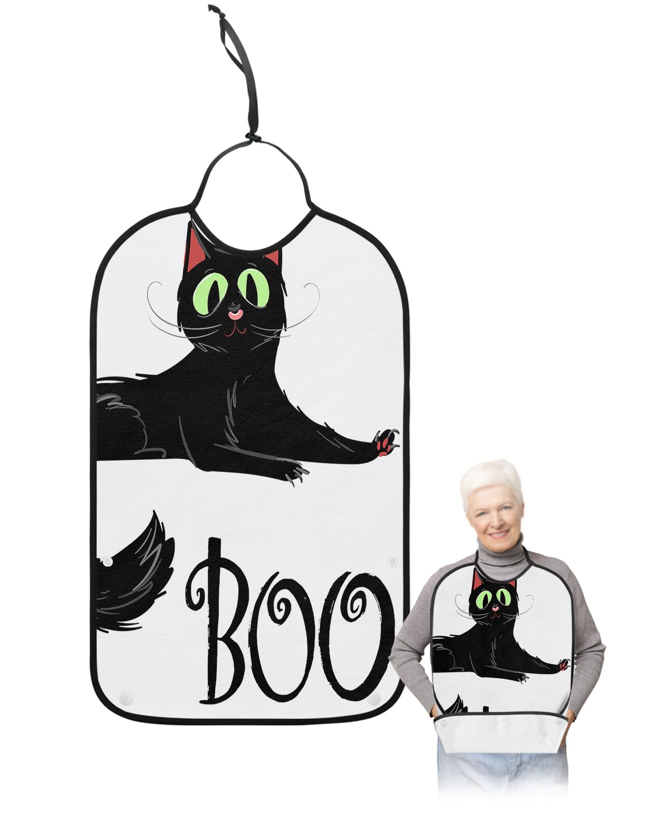 LEOKOTI Halloween Adult Bibs for Eating, Waterproof Bibs with Food Catcher & Adjustable Snap Closure, Horror Cat Black Boo Washable Clothing Protectors Adult Bibs for Elderly Women/Men