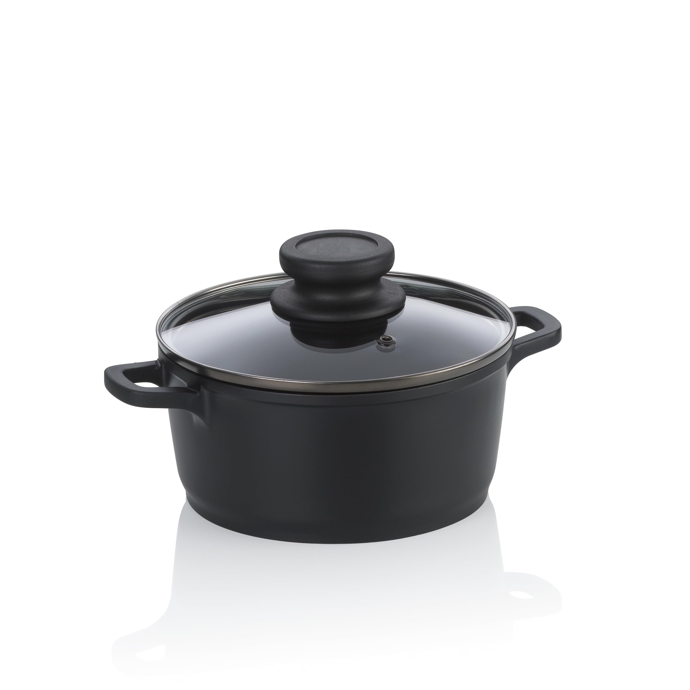 kela Garnek do mięsa 16 cm ze szklaną pokrywką ATURA, garnek do gotowania mały 1 litr, garnek indukcyjny, odlew aluminiowy powlekany ceramiką, bez PFAS, czarny