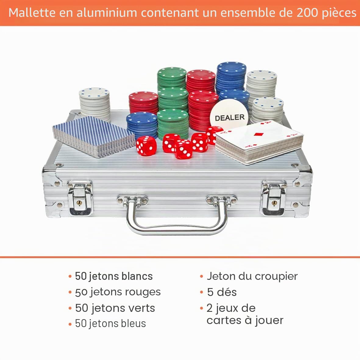 Global Gizmos Malette de Poker Dés/jetons/Cartes dans Un étui en Aluminium (200 pièces)