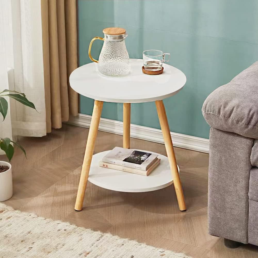 Mesa Auxiliar Redonda de 2 Niveles Negra, Ø38x55 cm para Sofá | para Salón y Dormitorio, Estructura Metálica, Fácil Montaje, Blanco