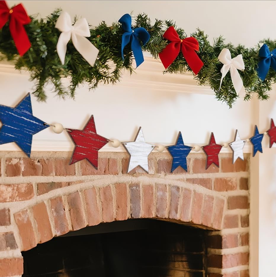 4th of July Star Mantle Garland Wooden Rustic Star...