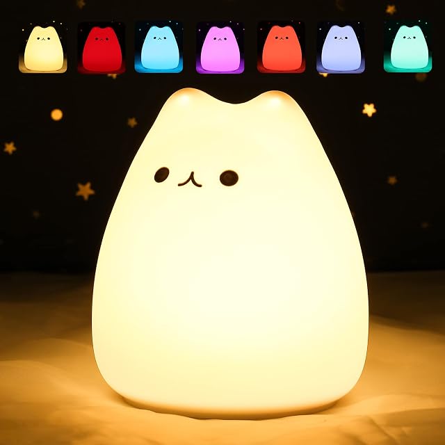 ZKLiLi Cute Cat Lamp, Night Light for Girls Bedroom, Kitty Lamp Birthday Gifts for Kids Baby Toddler Teen Portable Silicone Kawaii Nightlight Nursery Room Decor