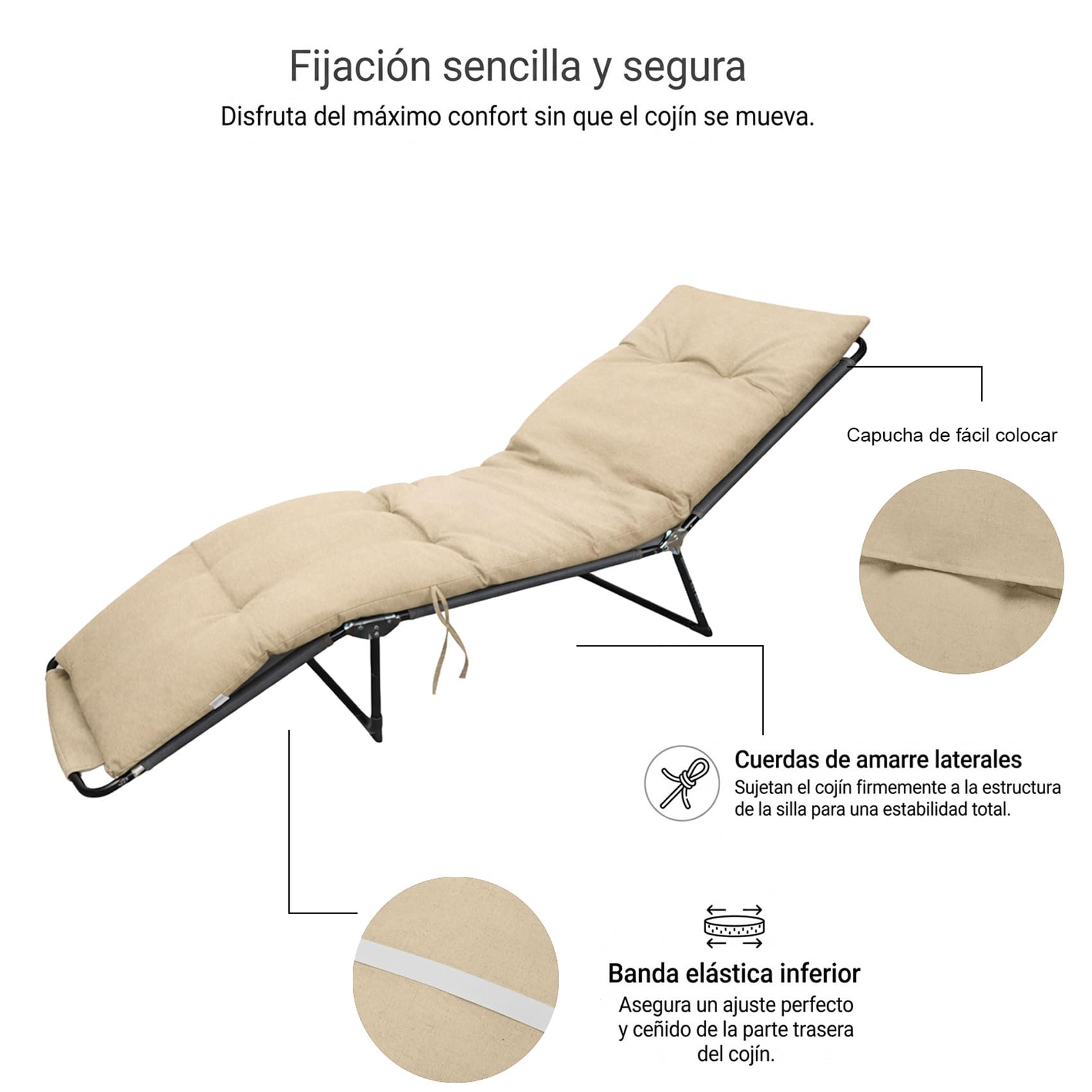 Cojín para Tumbona Acolchado y Grueso, Colchoneta Cómoda para Exterior, Ideal para Jardín, Piscina, Terraza, Playa y Balcón (Beige, 180x55cm)