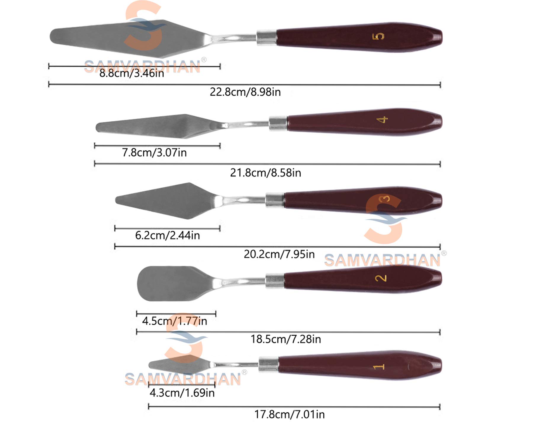SAMVARDHAN 5 Piece Palette Knives/Painting Knives for Artist canvas Oil paint color mixing (Size-1,2,3,4,5) (Wooden Style Palette Knife) 4