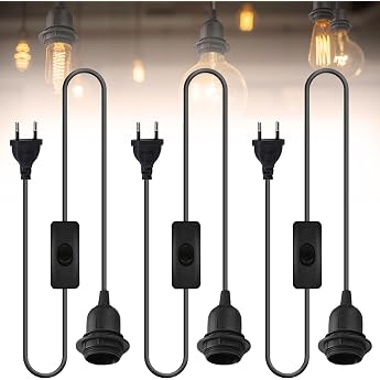 Pack of 3 Lamp Holder E27 with Cable and Switch E27 Socket with 1.8 m Cable Screw Ring Lamp Socket Lamp Cable with Plug for Pendant Light Lamp Hanging Bedroom Dining Room