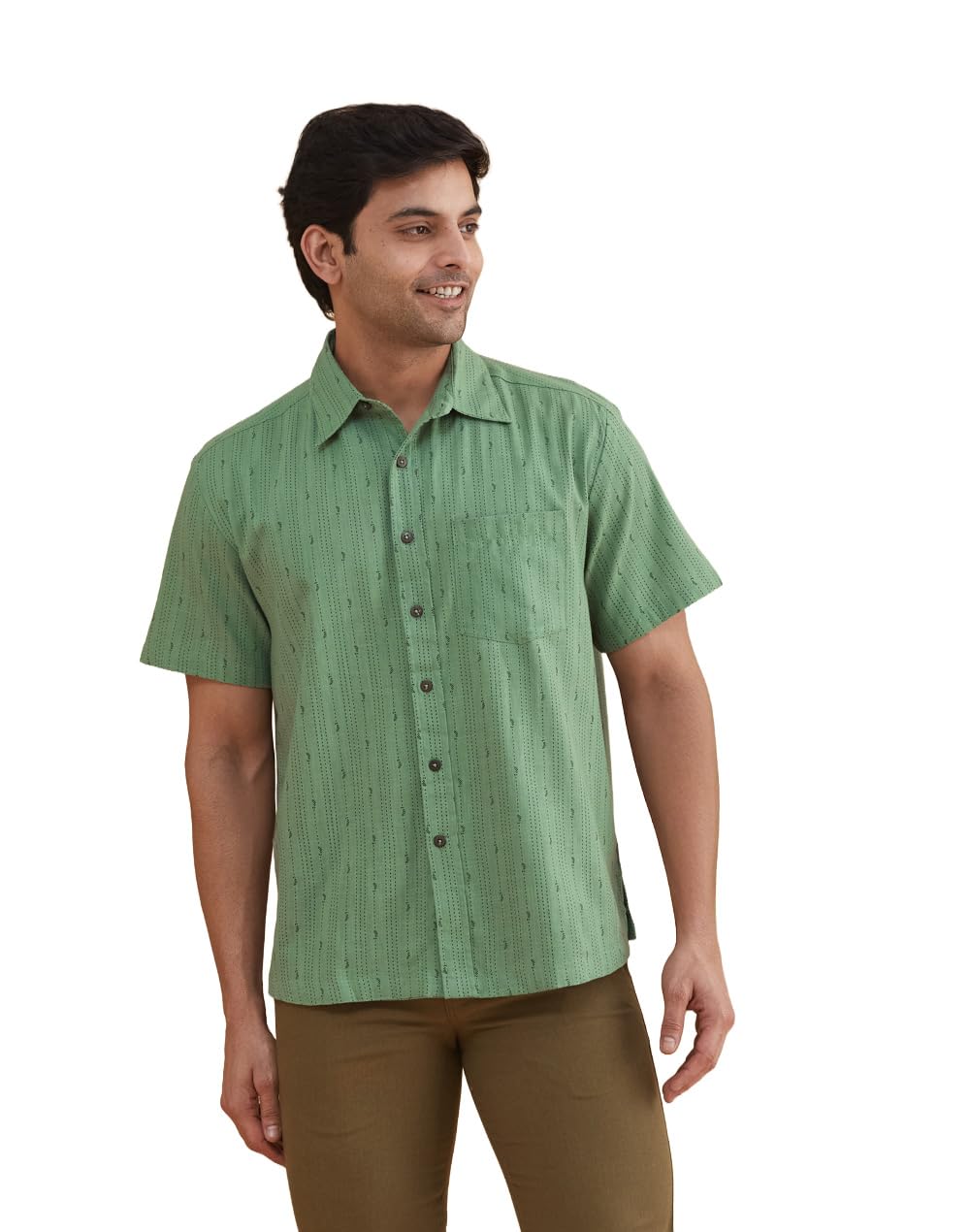 fabindia Fabnu Men Cotton Green Printed Regular Collar Half Sleeves Everyday Comfort Fit Bushshirt-picture-18