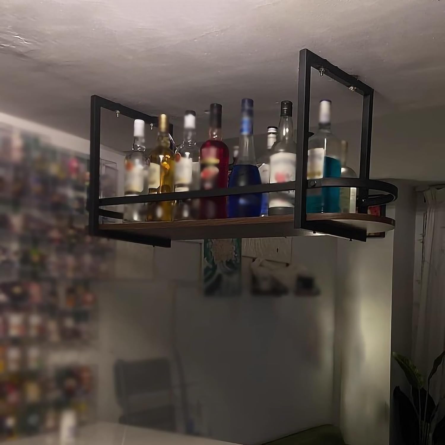 Ceiling Hanging Wine Rack - Ceiling Shelf, Metal Floating Shelves Wall Mounted Wine Glass Holder Hanging Decor Storage Rack with Stemware Holder, for Bar, Cafe(B,140X30X50CM)
