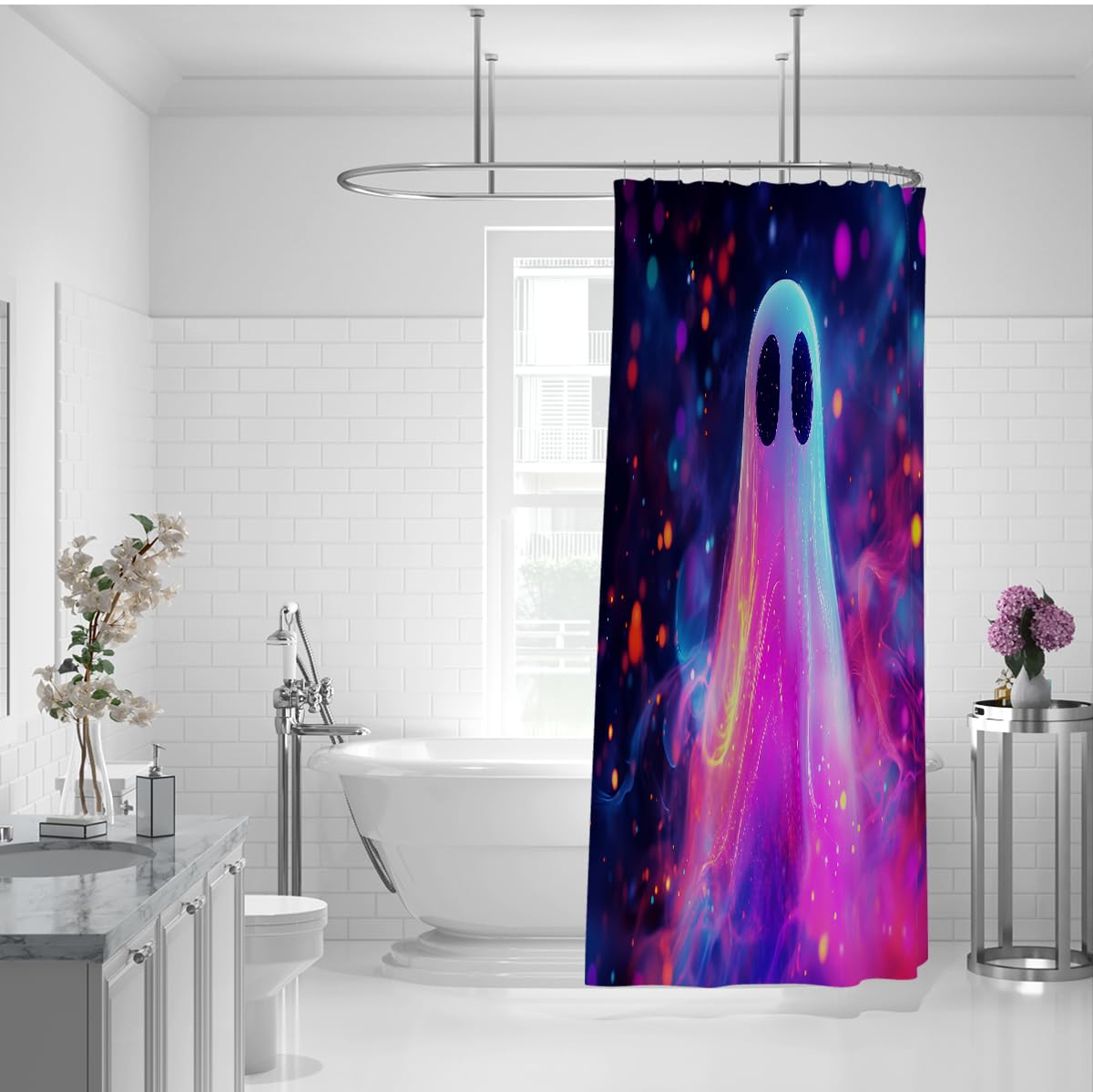 Fantazyjne Halloween Zasłony Prysznicowe Przerażające Duchy Nadruk Zmywalne Zasłony Prysznicowe Festiwal Temat Wystrój Domu Wanna Łazienka Zasłona Z Haczykami 180x200cm