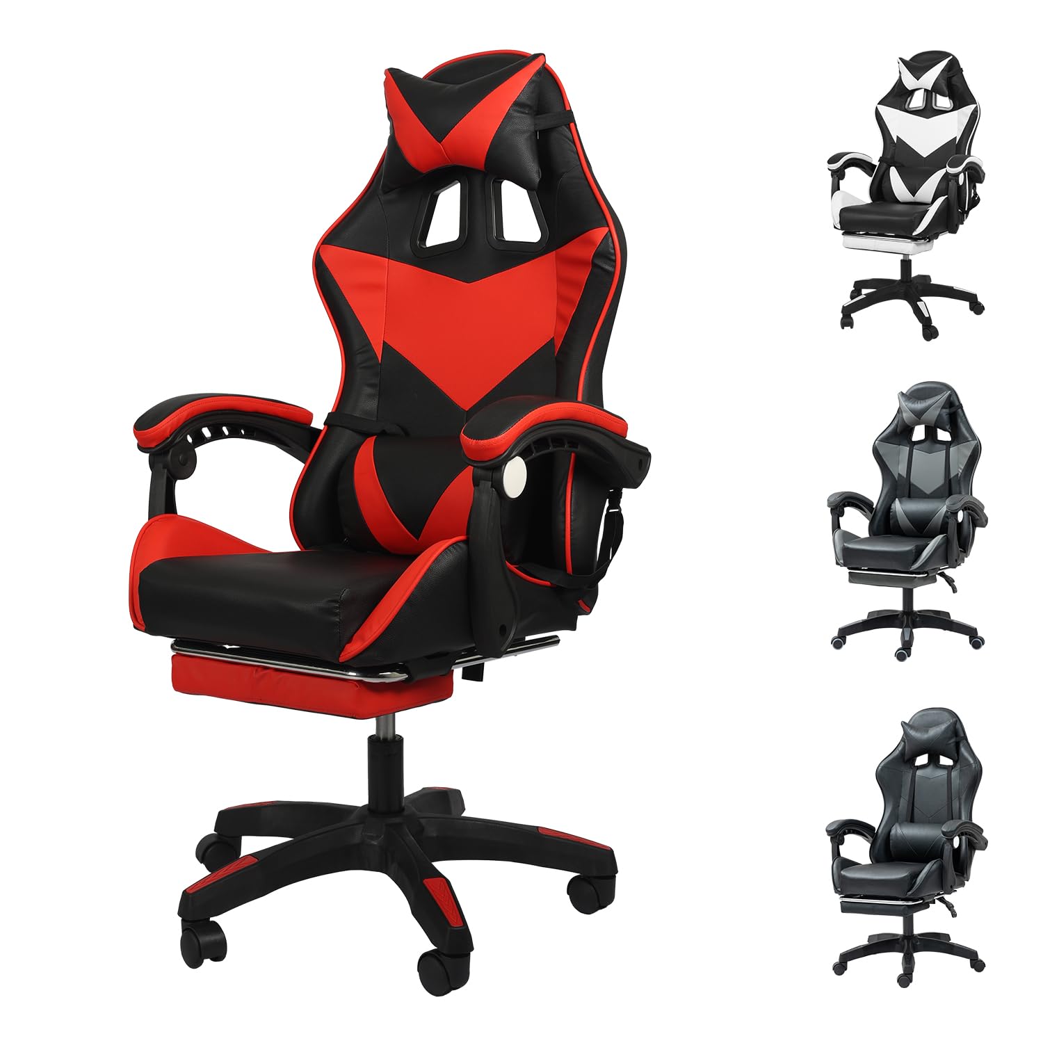 Yesuitme Gaming Chair with Footrest, Gaming Chair for Adults Computer Chair with Lumbar Cushion, Headrest, Height-Adjustable Office Chair with Footrest, Black+Red โ image 1