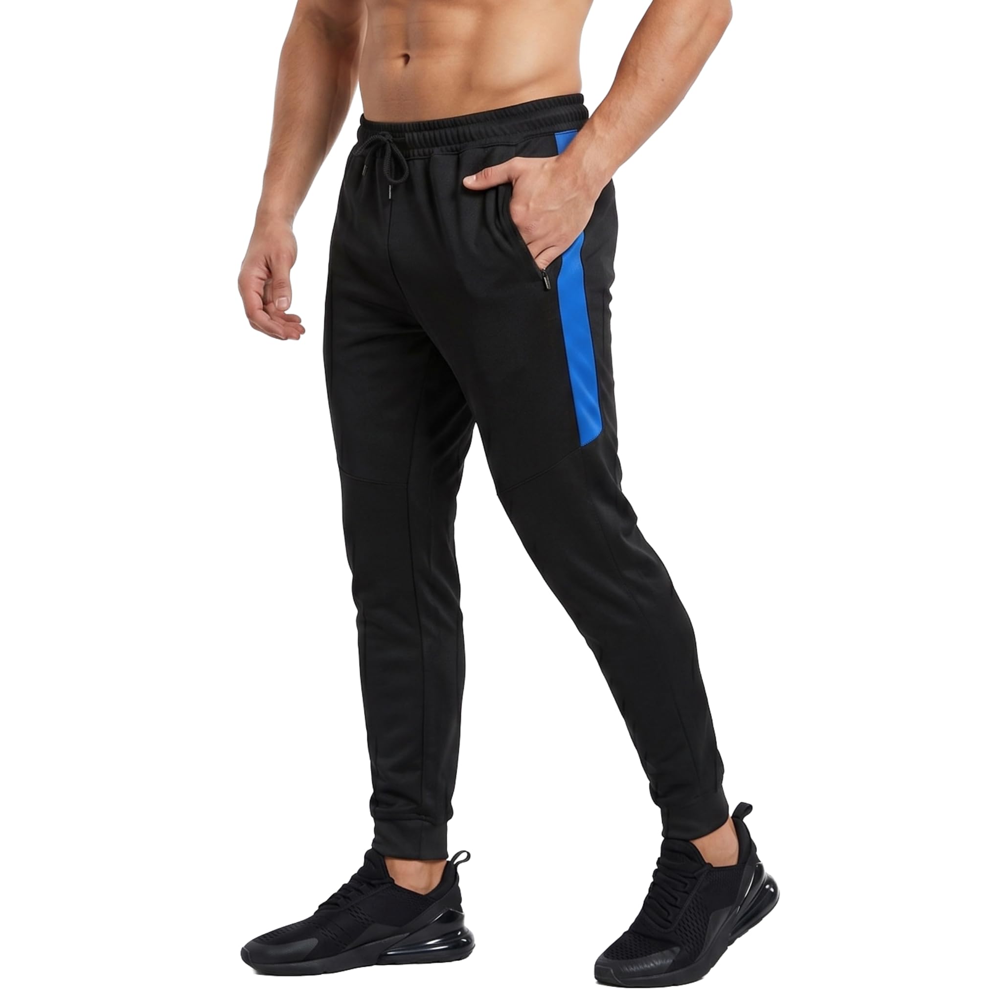 SixSigma Sports Mens Tracksuit Bottoms Gym Slim Fit Trousers - Quick Dry Mens Joggers Bottoms for Running, Casual, Gym & Sports Trousers for Men Activewear (Large, Black with Navy Stripe)
