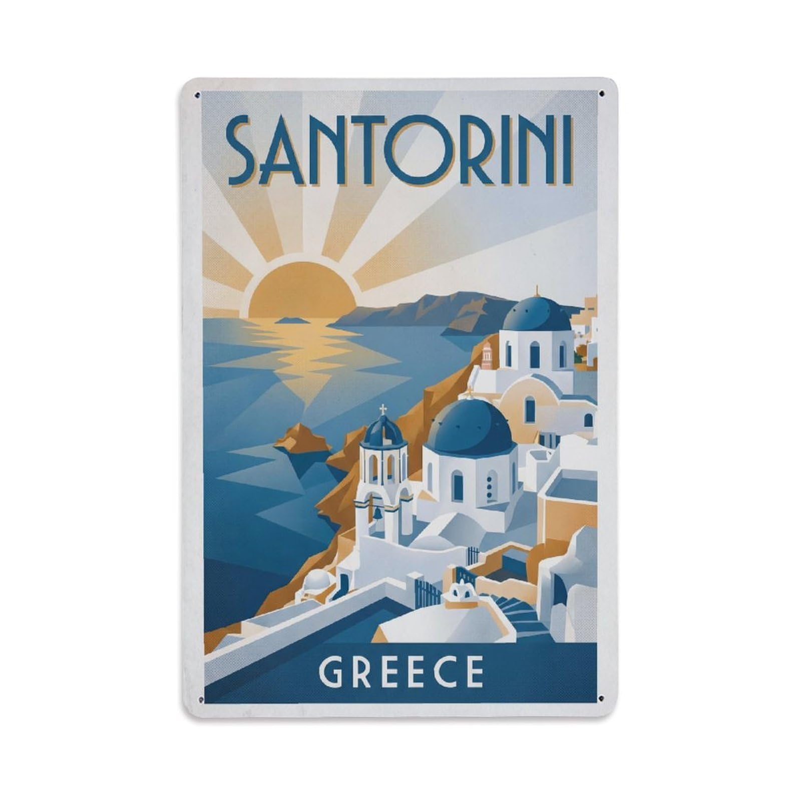Travel Retro Greece Santorini Metal Tin Sign Plaque Wall Decor for Cafe, Club Bar, Office, Garden Metal Poster 8x12Inch