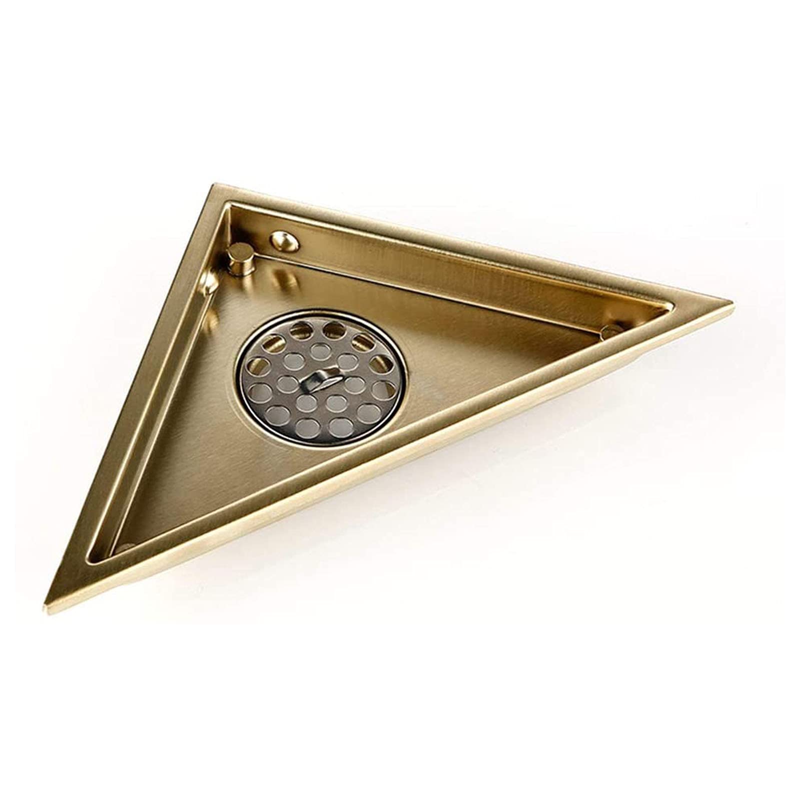 Scarico doccia, scarico a pavimento in acciaio inox per bagno, scarico a pavimento con inserto in piastrelle triangolari, scarico doccia con griglia rimovibile, filtro raccogli-capelli, oro spazzolato