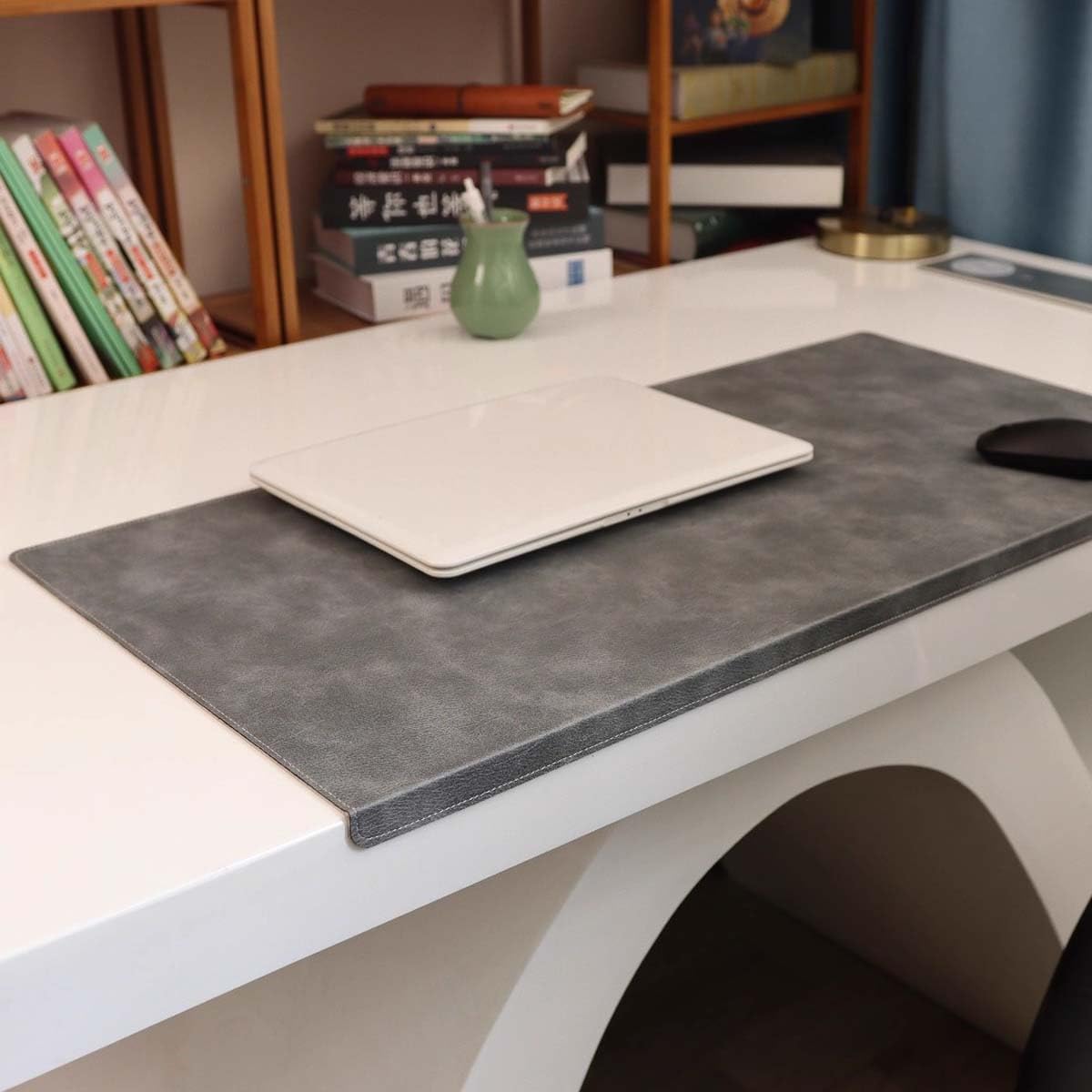 Luxury Leather Laptop Desk Pads, Large Mouse Pad with Edge Protector, Waterproof Table Mat Smooth Writing Pad for Office and Home (60x120cm,Gray)