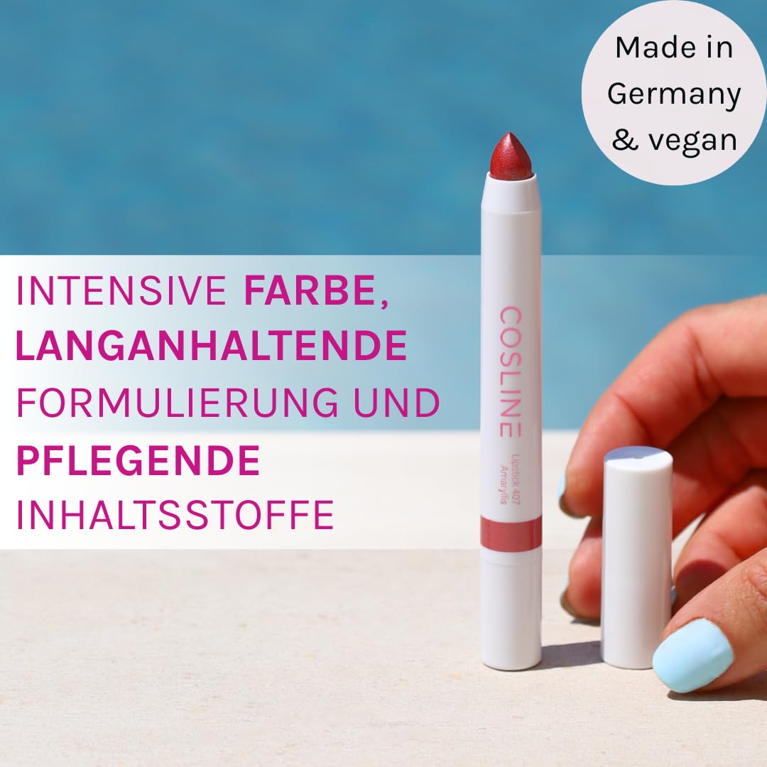 COSLINE Lippenstift Amaryllis 407, Frischer Rotton Mit Glanz, Hohe Deckkraft, Pflegend, Vegan, Made in Germany