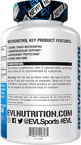Miniatura 3 de Evlution Suplemento de resveratrol trans antienvejecimiento suplemento nutricional súper antioxidante con 250 mg de trans-resveratrol de resveratrol