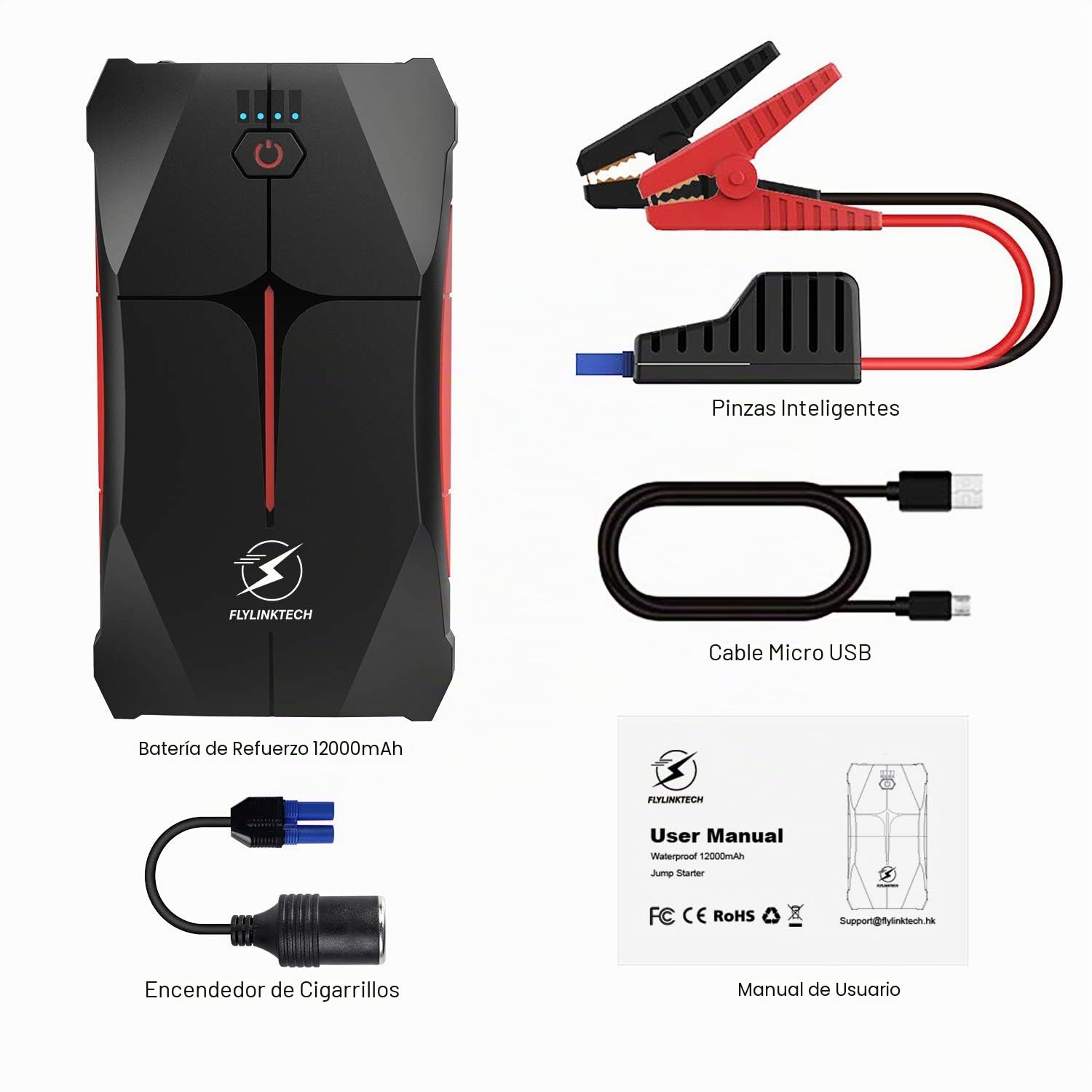 FLYLINKTECH Booster Batería 12000mAh 800A (4,0L Gasolina, Hasta 2,0L Diésel) Arrancador Portátil de Batería Impermeable IP67 para Auto Moto, Arrancador de Coche con Lámparas LED, Certificado UL