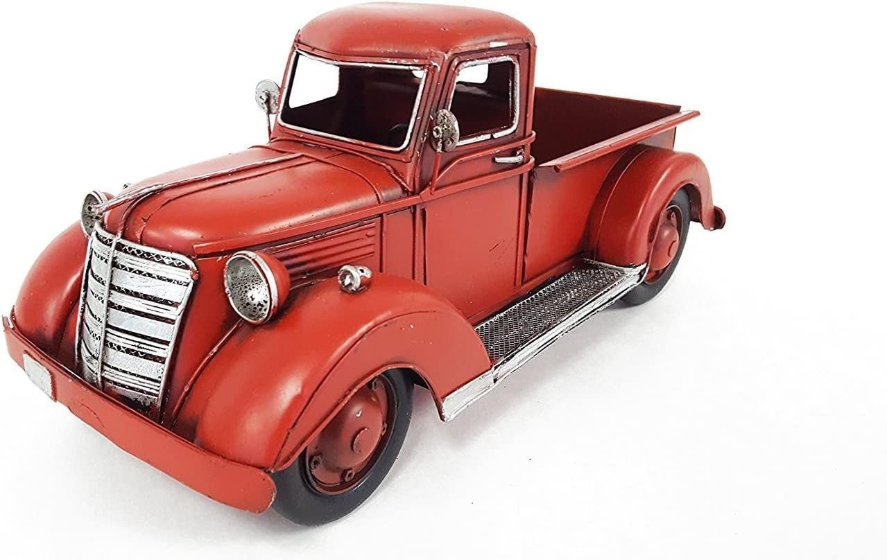 Everydecor Red Metal Truck Christmas Decor - Vintage, Rustic, Farmhouse Blend for Indoor & Outdoor Holiday Decorations - Unique Xmas Pickup Truck for Home Interior