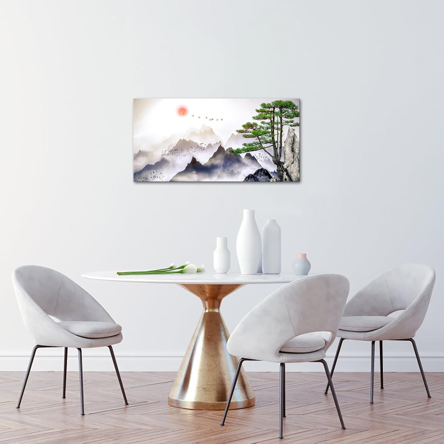 Canvbay Large Traditional Chinese Ink Painting Wall Art Misty Mountain and Green Tree Landscape Canvas Prints Nature Scenery Artwork Framed for Living Room Bedroom Home Decoration 20x40inch