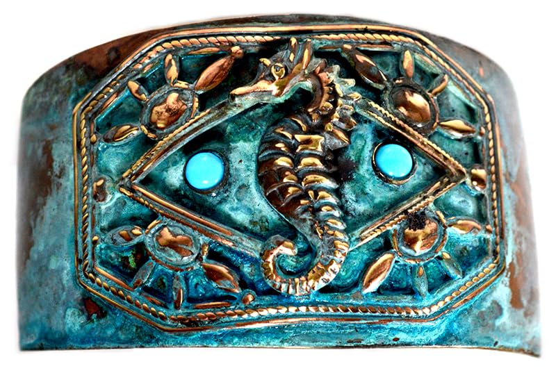 Elaine Coyne Collectible Artwear Verdigris Patina Seahorse Cuff - Genuine Turquoise - USA Made
