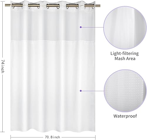 Miniatura 8 de Juego de cortina de ducha sin gancho con forro de tela a presión, cortinas de ducha de tela de gofre gruesa para baño, hotel, con ventana superior