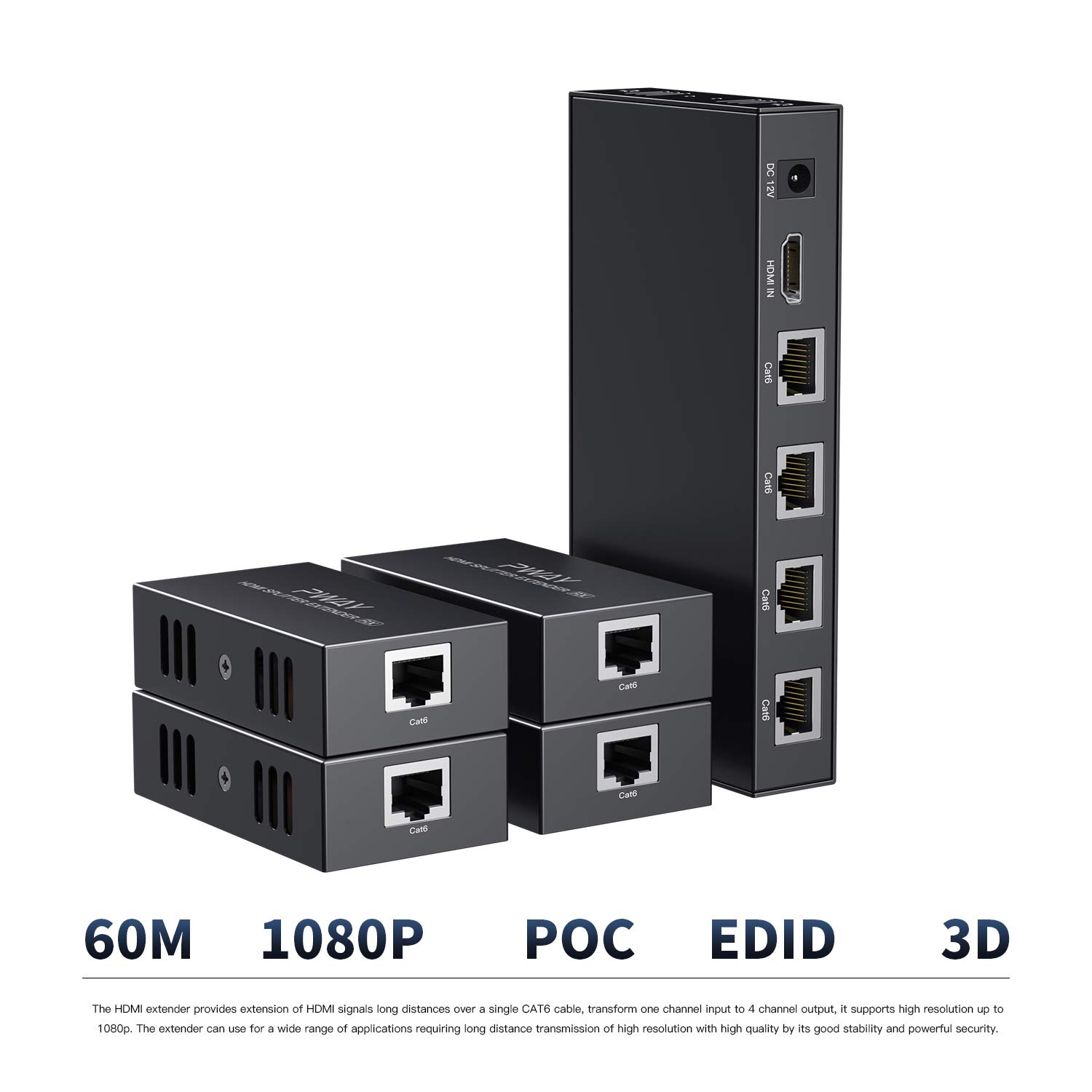 PW-HTS0104 (POC) 1X4 Splitter HDMI Extensor de Divisor Puerto sobre Cat5e/Cat6 Cable Ethernet con Control Sin demora hasta 50m/165ft y Resolución hasta 1080P@60 Hz (1 In 4 out)