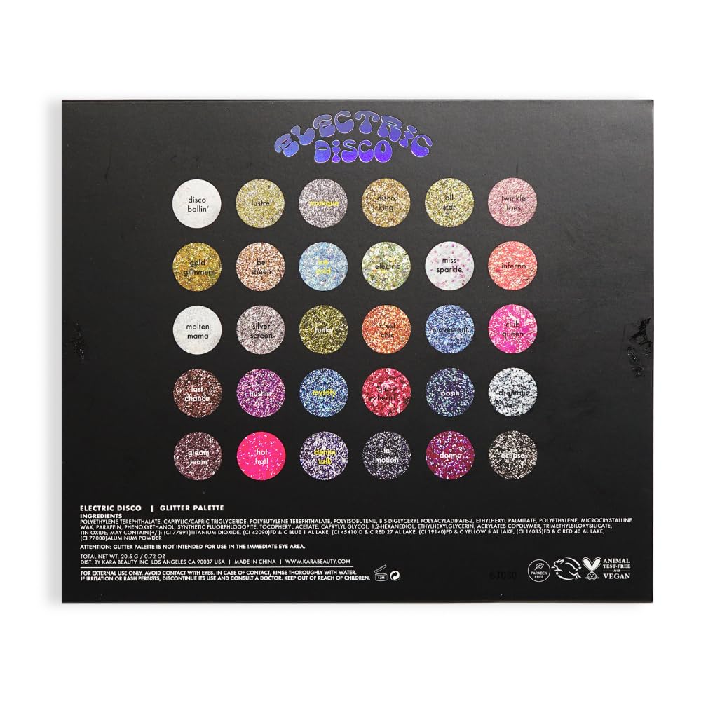 KARA BEAUTY ELECTRIC DISCO - Palette di ombretti glitterati pressati in 30 colori, per viso, corpo e occhi, senza bisogno di colla, glitter grossi e fini, per rave, trucco festival, vibrazioni da