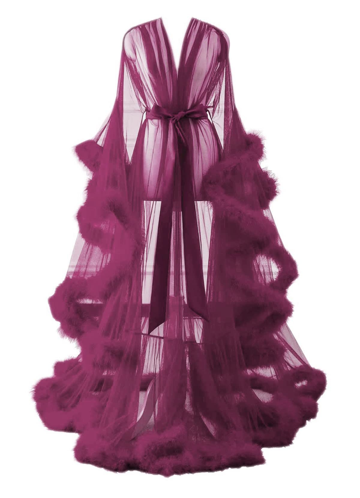 Changuan Sexy Feather Robe Long Fur Tulle Robe Sheer Lingerie Maternity Photoshoot Dress Sleepwear Nightgown Bathrobe: Small-Medium Desert Rose
