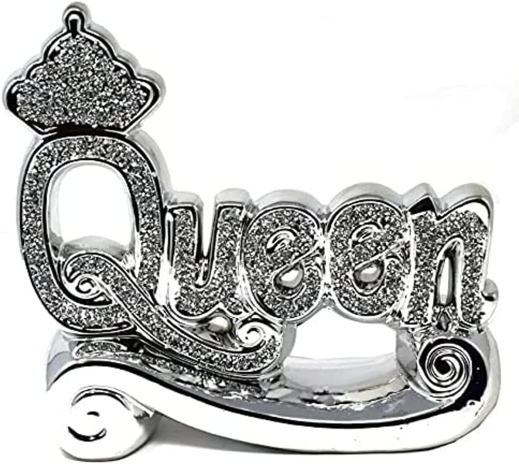 Segoy Silver Sparkle Queen Shelf Sitter Bling Ornament | Home Decoration Ornament Bling Crushed Diamond Gift | Crystallized Decorative Letter Blocks Sight Words