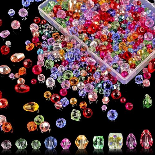 800 Pièces Perles en Verre, Coloré Facettierte Glaskristallperlen et perle Transparente Cristal en Verre 8/6/4mm, Craquelé Ronde pour Bricolage Fabrication...