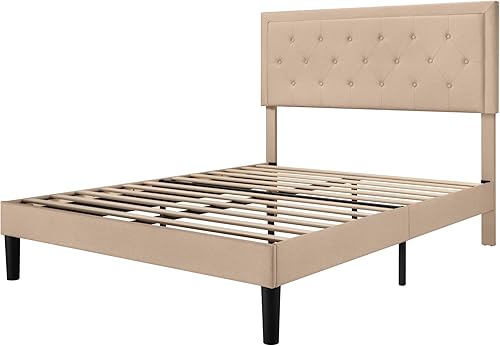 Miniatura 9 de Allewie Queen Size Button Tufted/Fabric Upholstered Bed Frame with Adjustable Headboard/Wood Slat Support/Mattress Foundation/Beige Beige,Gris