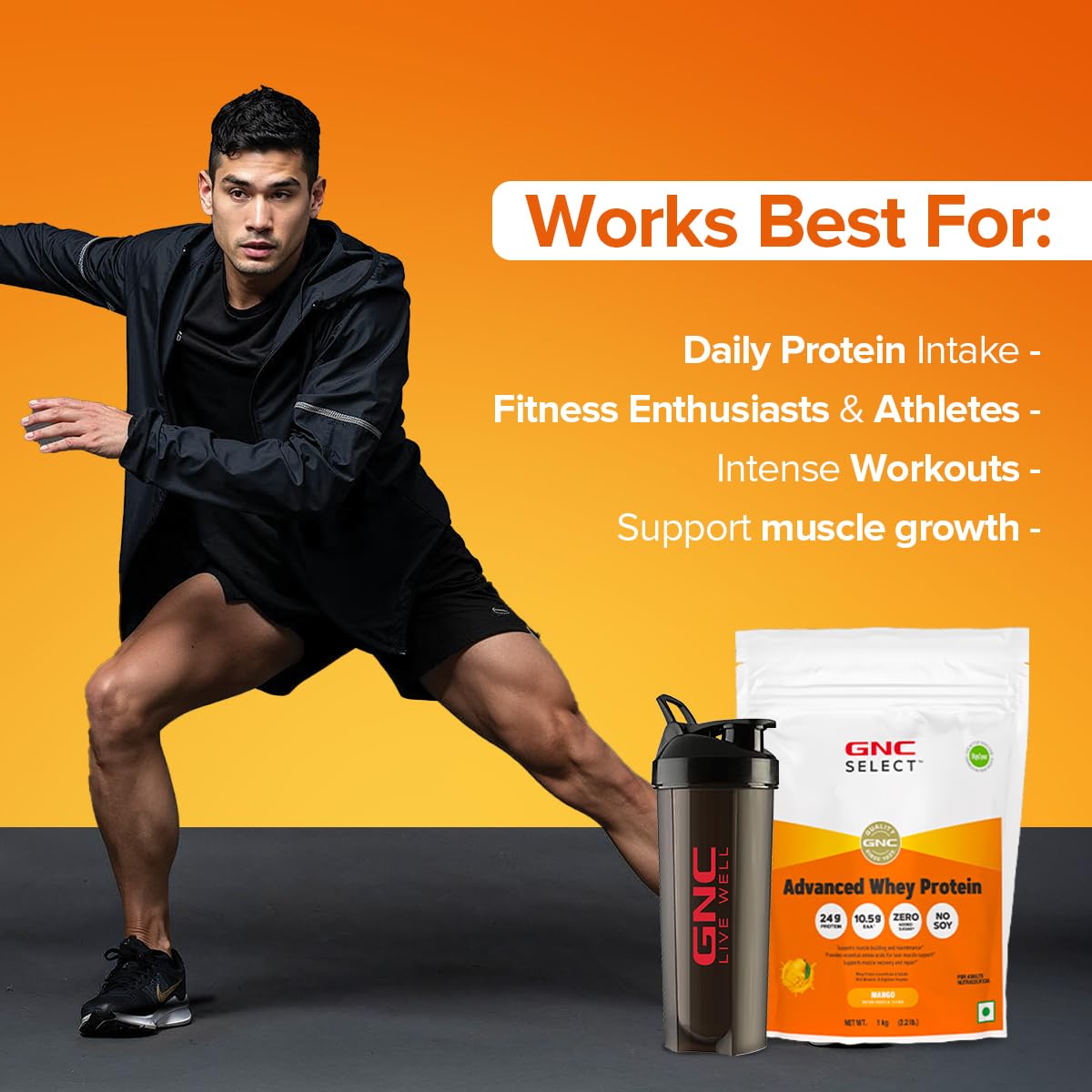 GNC Select Advanced | 24g Whey Protein & 10.5g EAAs | Isolate & Concentrate Blend Sourced from Indian Dairies | Zero Added Sugar | No Soy | Supports Muscle Growth, Recovery & Strength | Enhanced with DigeZyme® for Better Digestion & Easy Absorption | Mango, 1 kg — Amazon image 4