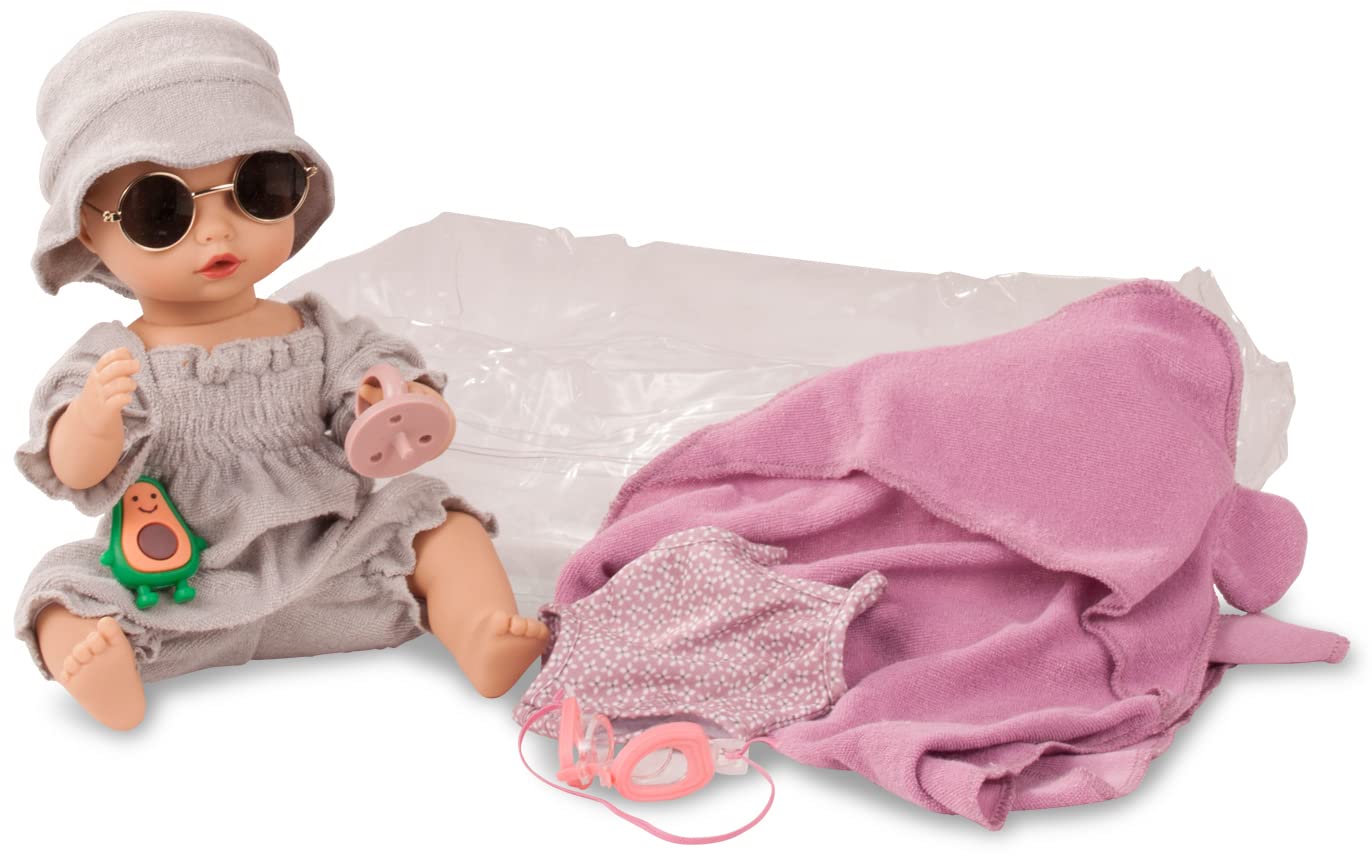 Götz 2253147 Sleepy Aquini Girl Avocado Puppe 33 cm Badepuppe 10-TLG | für Kinder ab 3 Jahren, Babypuppe, ohne Haare, Hartkörper, braune Schlafaugen, Trink-/Töpfchenfunktion, Pool und Schnuller