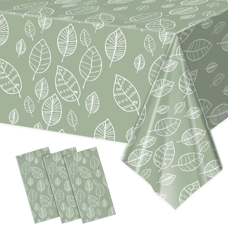 AURALIN Sage Green Leaf Tablecloths 3 Pack 137 x 274 cm PE Covers