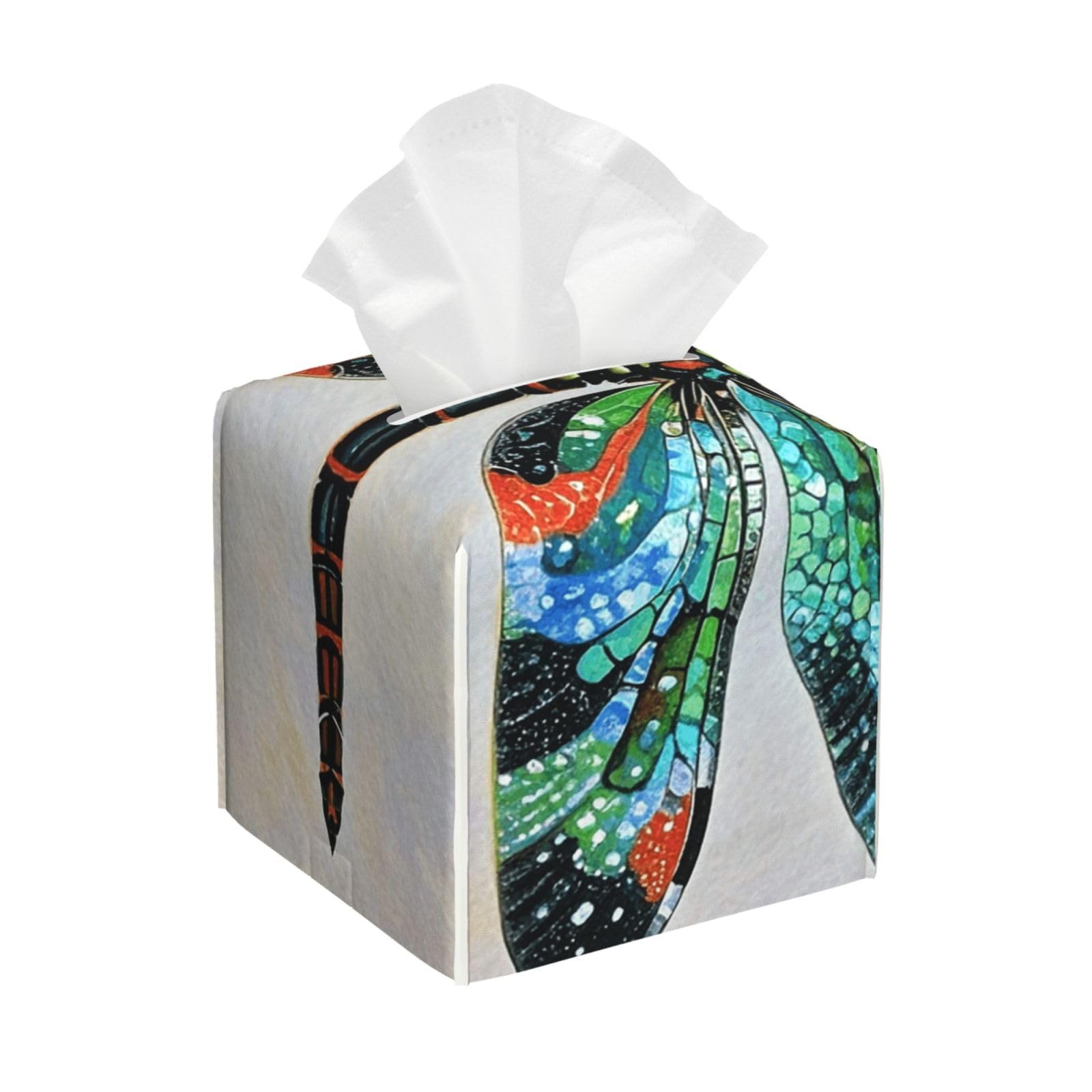 Pu Leather Cube Tissue Box Holders Modern Waterproof Square Tissue Box Cover Dragonfly Facial Paper Holder for Bathroom Kitchen Nightstand Office Home Decor