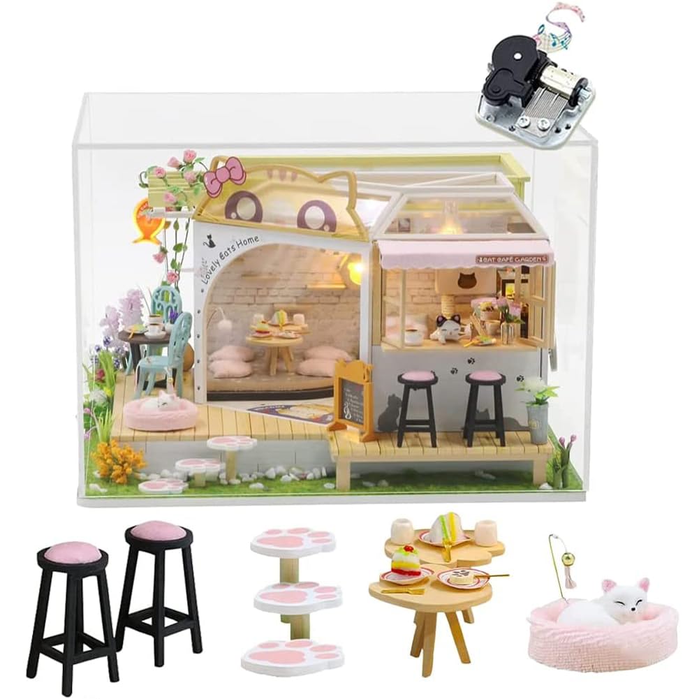 Kit de Maison de Poupée Miniature DIY Café pour Chats avec Lumière LED, échelle 1:24, Maison de Poupée Café pour Chats faite à la main, cadeau d’anniversaire créatif pour adolescents et enfants (avec