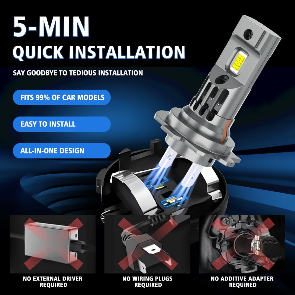 Żarówka LED H1 + H7 (mini format 1:1 6500 K) – bezprzewodowy, bezbiegunowy zestaw do konwersji LED, 90 W, 18000 lm, 600% jaśniejszy, halogenowy zamiennik światła drogowego/mijania