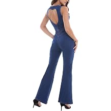 Sexyshine Womens Lapel V Neck Sleeveless Slim Fit One Piece Denim Jumpsuit Zipper Up Full Length Jeans Rompers Overalls