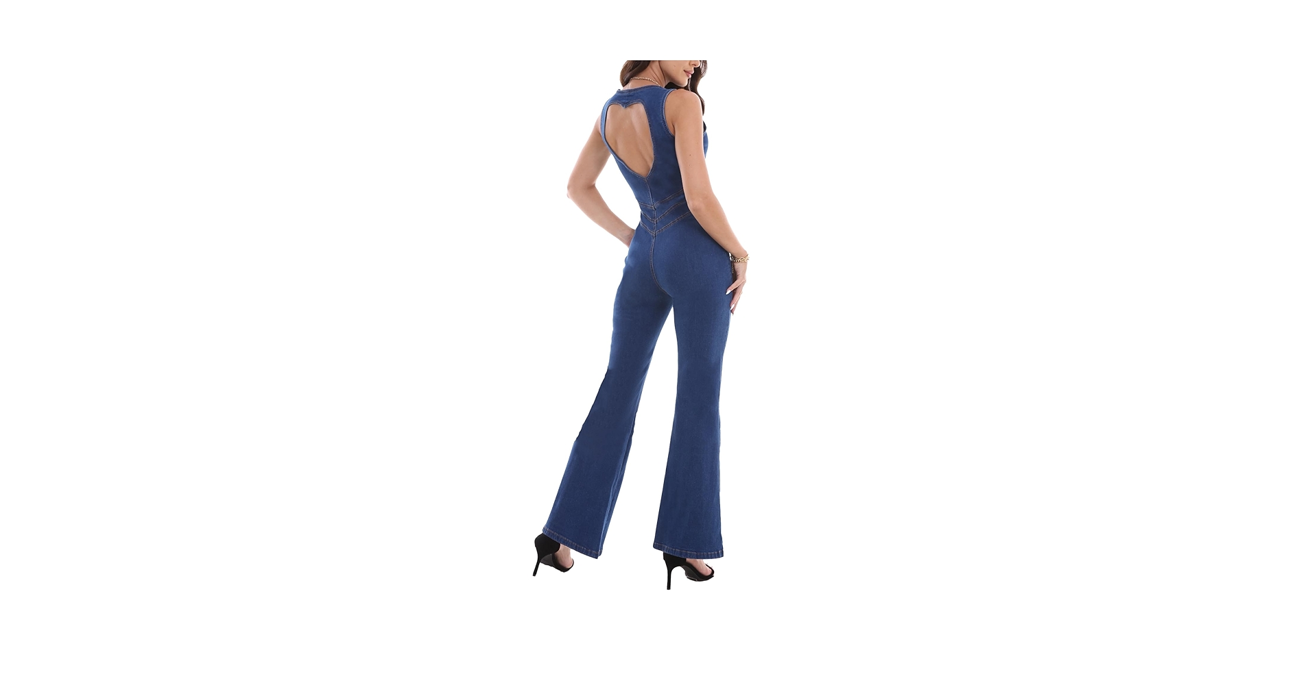 【なあ】BACK OPEN DENIM ALL IN ONE Hitting The Highlights Open Back Denim Jumpsuit (Light Denim