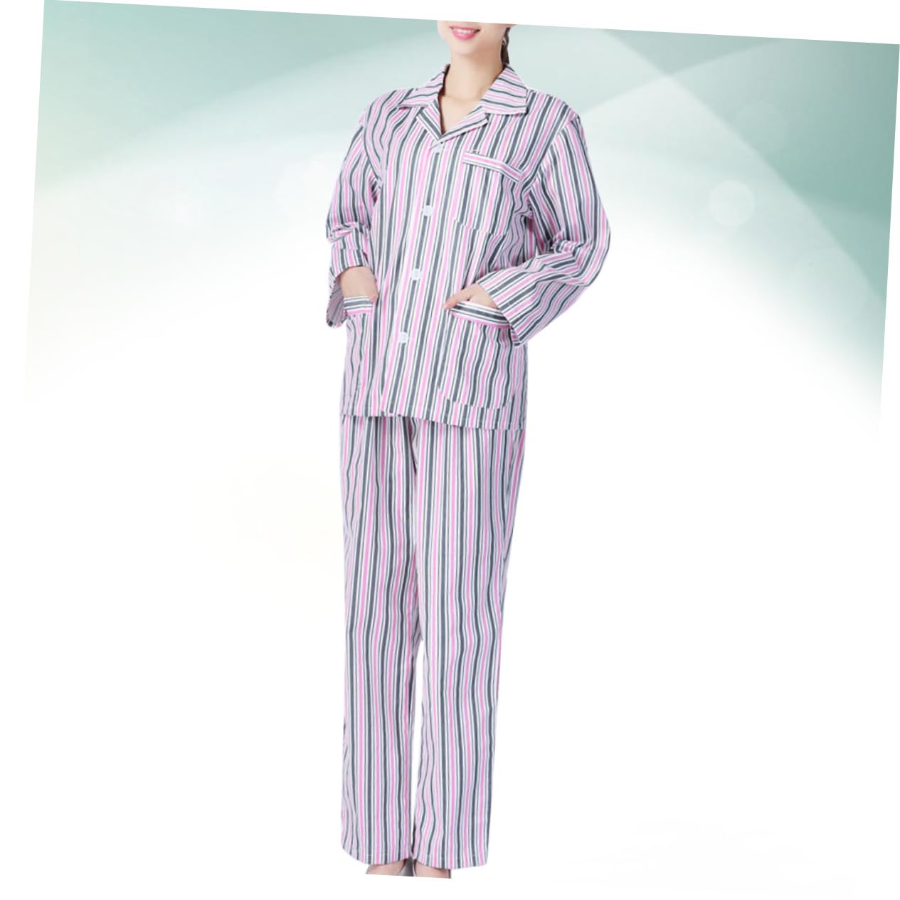 Beaupretty Pijama para Adulto Algodón Cómodo Manga Larga Hospital Ropa para Pacientes Rayas Azul Blanco