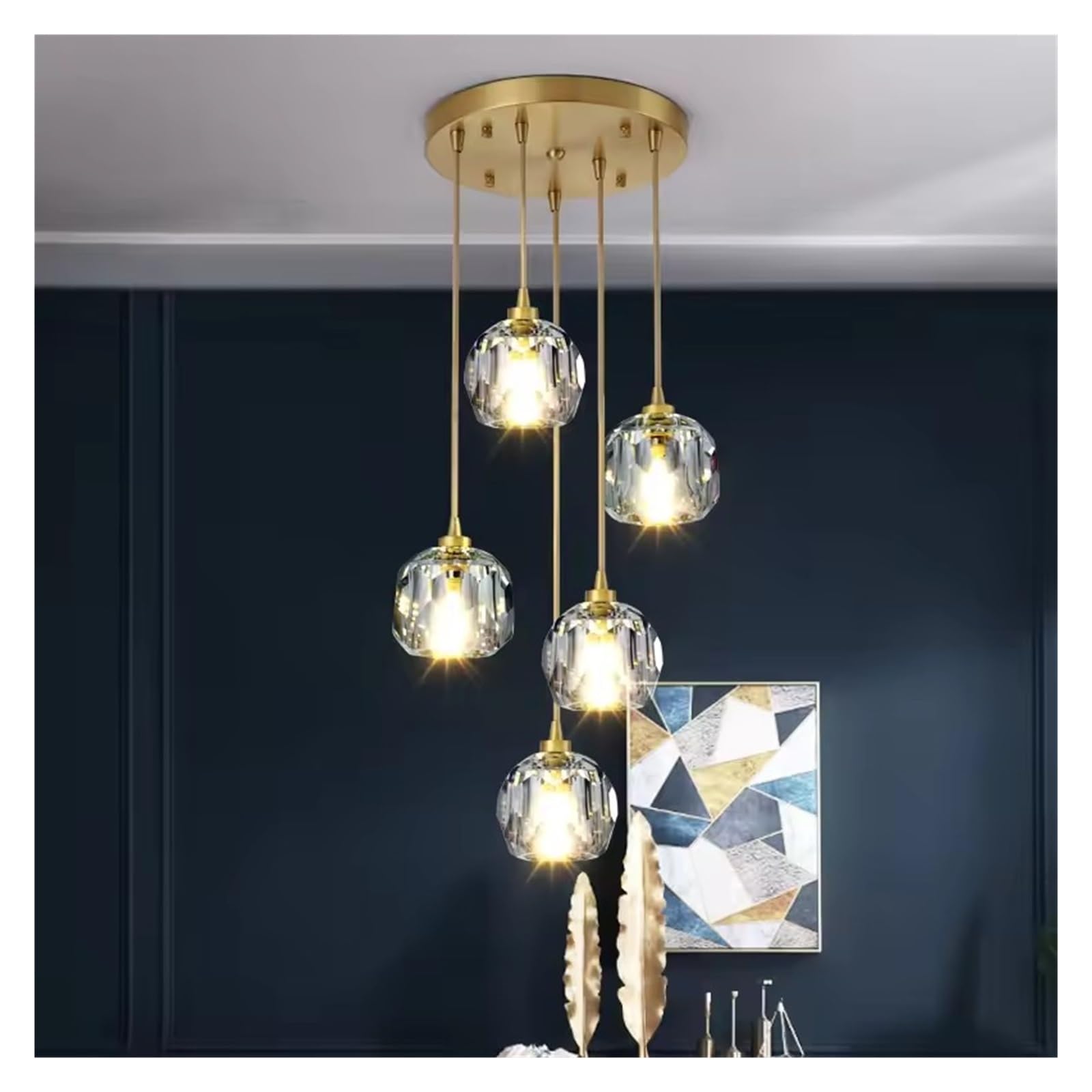 ZTCHSENZT Diamond Crystal Copper Led Pendant Chandelier Light Stair Salon Villa Loft Hanging Lamps Decor Indoor Spiral Lamps,Warm White-5 Lights Round base