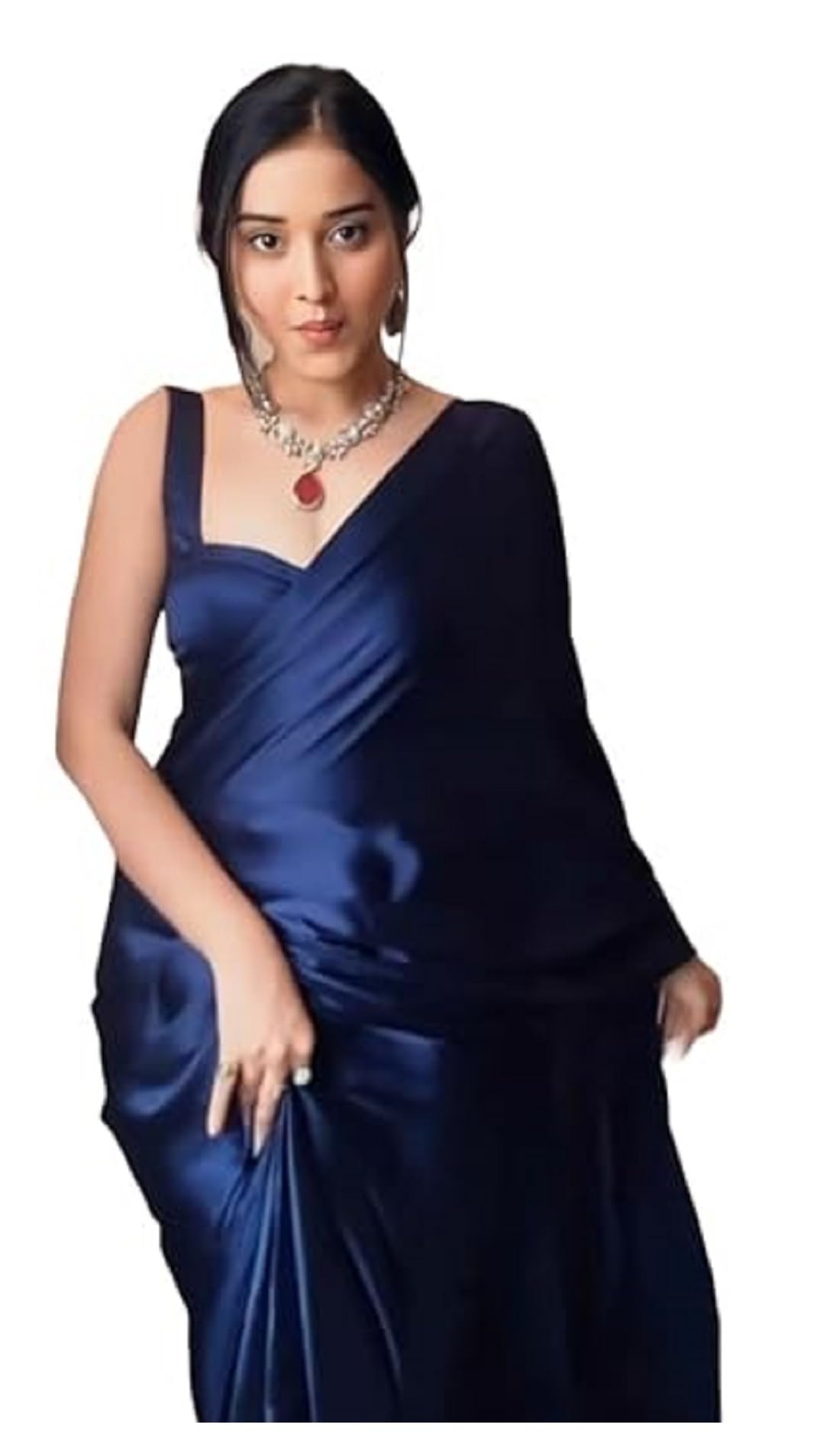 Saree For Women Satin Silk Plain With Unstitched Blouse Navy Blue